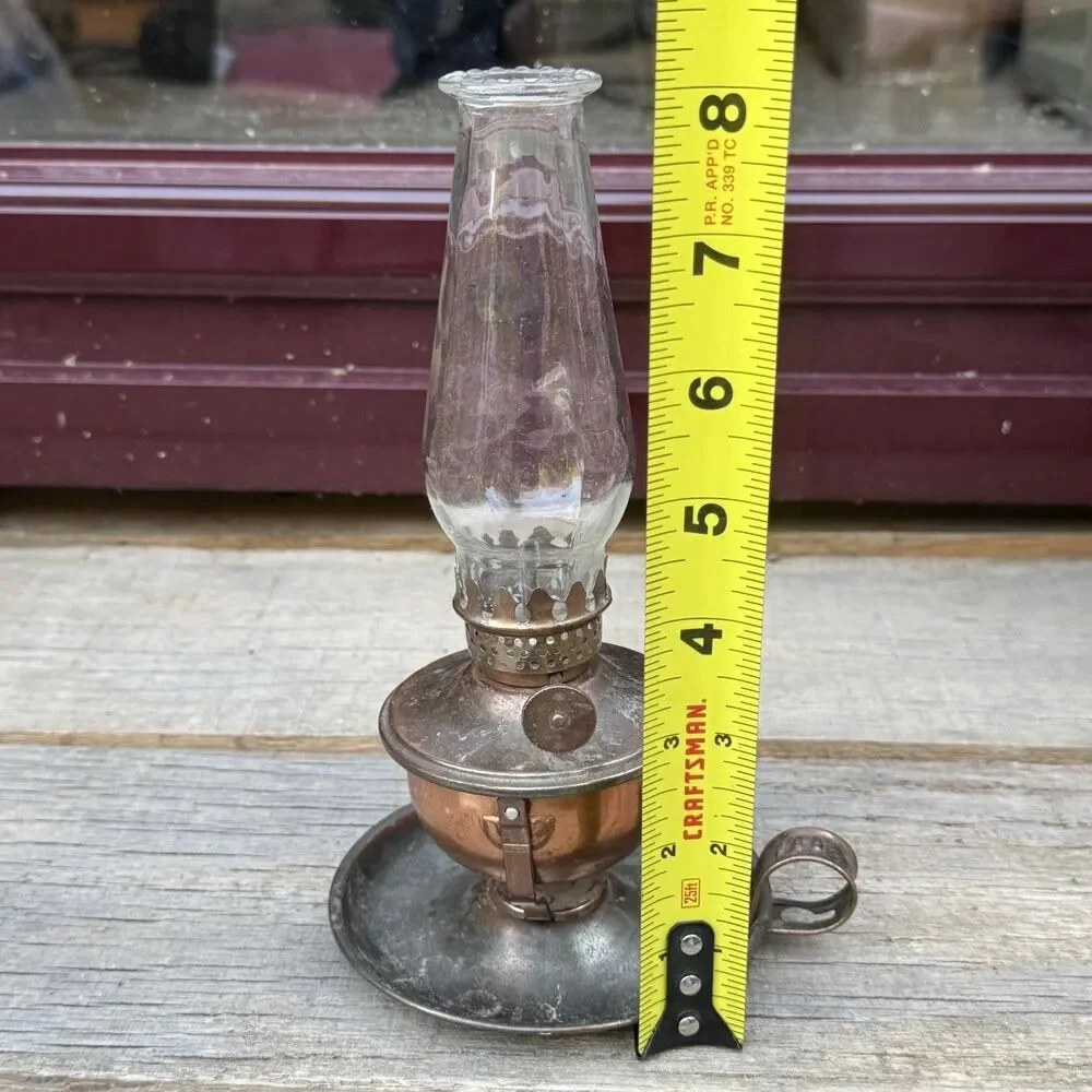 Vintage Copper Hurricane Finger Oil Lamp Swivel Base Thick Glass Shade